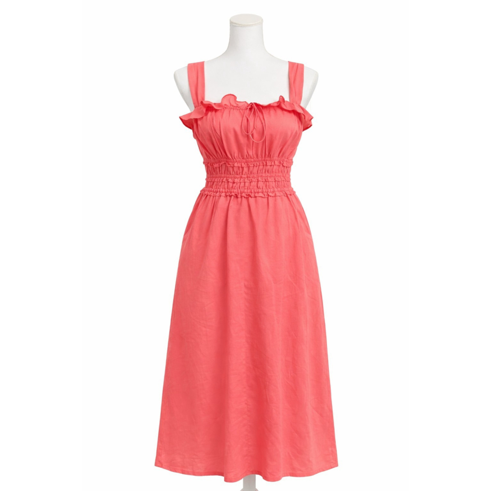Dillards Steve Madden Daria Dress Sz M Coral Midi Smocked Waist Ruffle Tie NWT